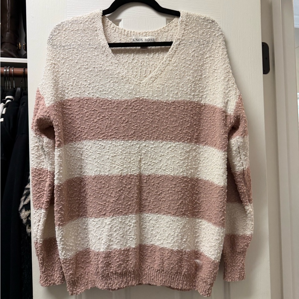 Knox Rose V-Neck Sweater - Pink and Cream Stripes